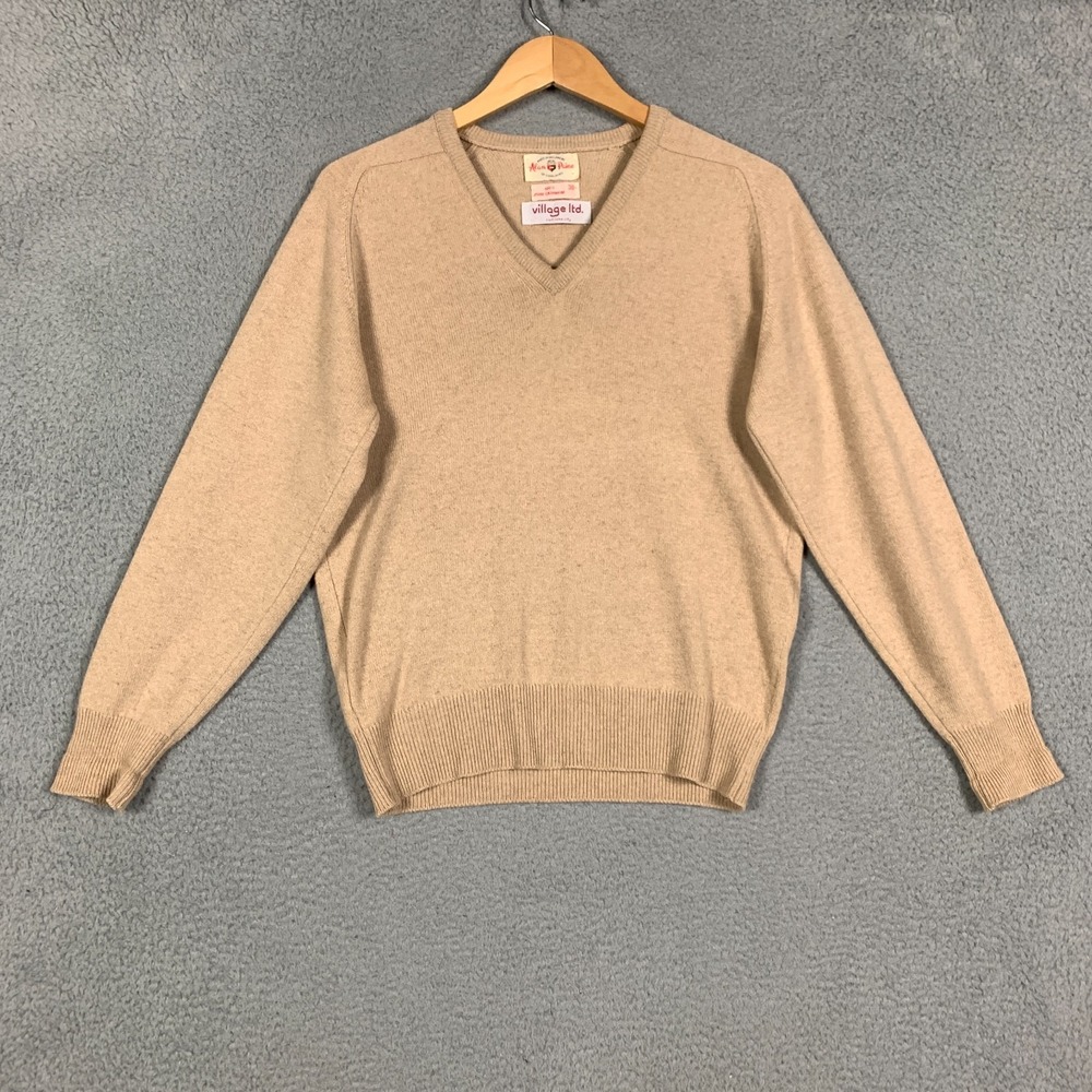 Alan‎ Paine Cashmere Sweater Adult 38 Beige V Neck Made in England Vintage VTG